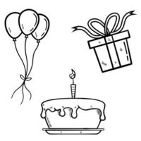 Birthday cake with balloons and gifts in sketch style