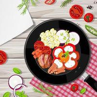 Top view of breakfast set in the pan with food element on the table vector