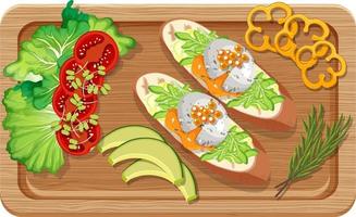 Top view of breakfast set in a cutting board isolated vector