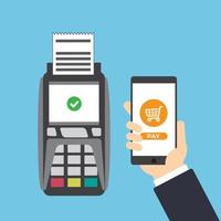 pago móvil a través de terminal pos de teléfono inteligente mano sujetando pago de teléfono inteligente vector