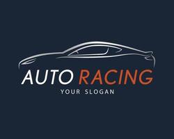 Auto racing symbol on dark blue background. Silver sport car logo design. vector