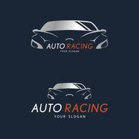 Auto racing symbol on dark blue background. Silver sport car logo design. vector
