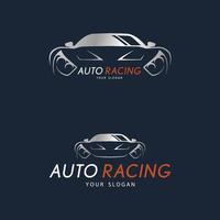 Auto racing symbol on dark blue background. Silver sport car logo design. vector