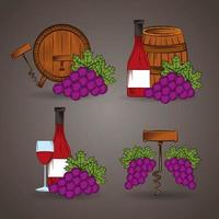 vino, icono, conjunto, con, barriles, y, uvas vector