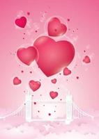 Hearts in bubbles floating on top, isolated on pink background. vector