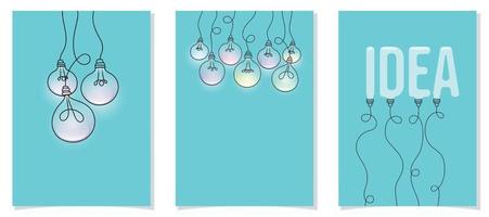 Set of hanging light bulbs on blue background. vector