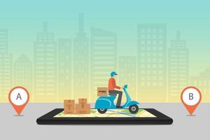 Express delivery concept. Checking delivery service app on mobile phone. Delivery scooter motorcycle with cardboard box on mobile phone and city background. vector