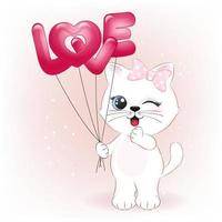 Little cat holding love balloons vector