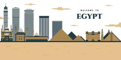 Futuristic view of the pyramids and the city. Landscape panoramic of Egyptian pharaohs pyramids with mosque. vector