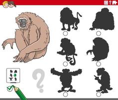 Tarea de sombras con personaje animal mono gibón de dibujos animados vector