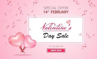 Oferta especial venta de San Valentín hasta 50 por ciento de descuento con globo rosa y blanco color rosa del vector. vector