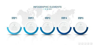 Plantilla de proceso de infografías con círculos de papel, iconos de 5 pasos. vector