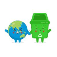 Cute Trash Bin and Earth Character with Happy Smiling vector
