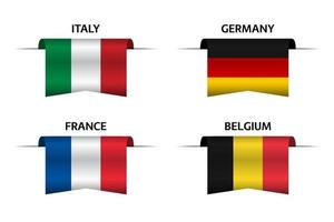 Set of four Italian, German, Belgian and French flag ribbons. Made in Italy, Made in France, Made in Germany and Made in Belgium stickers and labels. Vector simple icons with flags
