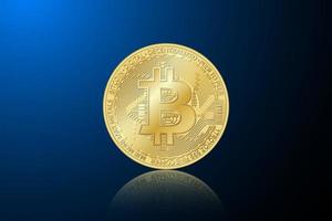 Golden bitcoin coin. Vector crypto currency golden symbol on blue background. Blockchain technology