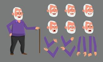 Old man character with various facial emotions. character for custom animation. custom character set for design, motion or animation. vector