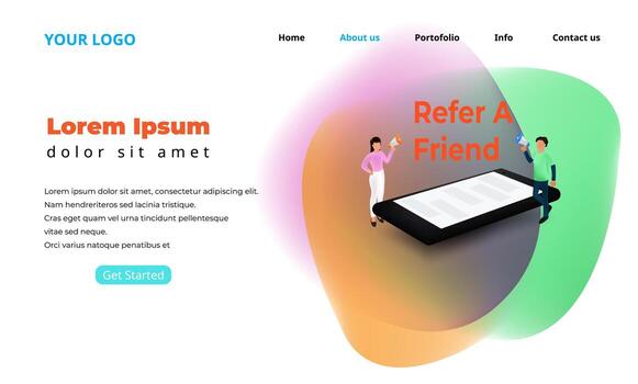 Refer a friend landing page illustration with tiny people character, landing page, web template vector