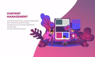 content management illustration for business with tiny people character,  landing page, template vector