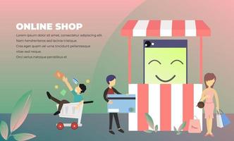 Online Shopping Ecommerce Tiny People Character Illustration, Suitable For Wallpaper, Banner, Background, Card, Book Illustration, Web Landing Page, and Other Related Creative vector