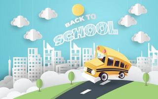 School bus paper art style driving on the road vector