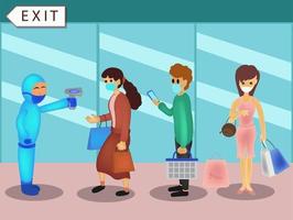 People wearing a mask doing social distancing while standing in a queue in the Shopping mall. People holding a shopping basket and waiting for the payment. Illustration about the new normal. vector