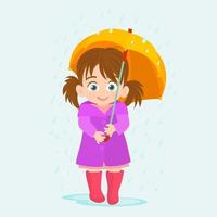 Little girl in purple coat hiding under umbrella during rain