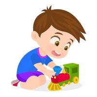 niño jugando con ferrocarril de juguete vector