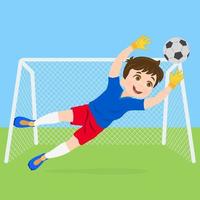 Boy goalkeeper jumping to save goal vector