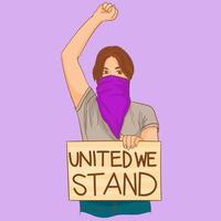 mujer pidiendo stand unido sosteniendo pancarta