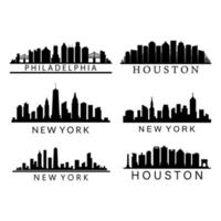 Set of US city skylines on white background vector