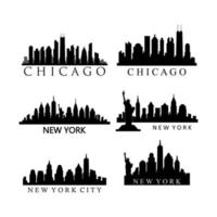Set of US city skylines on white background