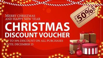 Christmas voucher with large price tag, Christmas tree branches and garland frame. Discount voucher, up to 50 off on all purchases. vector