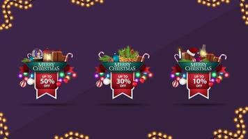 Collection of Christmas 3D volumetric stickers in form of ribbons decorated with presents, garlands and Christmas elements. vector