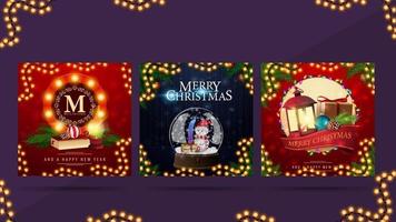 Conjunto de postales navideñas cuadradas con símbolos de saludo redondos decorados con iconos navideños vector