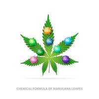 Chemical formula of marijuana leaves. Green leaf of cannabis with 3D molecules of chemical formula of cannabis vector