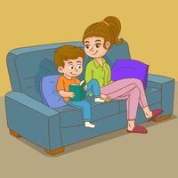 Mother and son reading book together vector