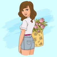 Woman with flowers in the basket vector