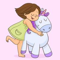 niña con unicornio de peluche morado vector