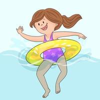 Child in swimming pool on inflatable yellow lemon ring vector