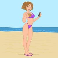 Girl with cellphone walking along a beach vector