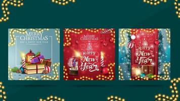juego de tarjetas de felicitación navideñas cuadradas con pila de regalos navideños, guirnaldas y hermosas letras vector