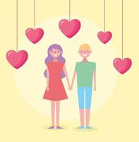 valentines day celebration with lovers and hearts hanging vector