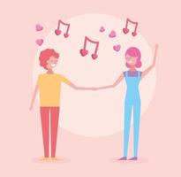 valentines day celebration with couple lovers and music notes vector