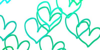 plantilla de vector verde claro con corazones de doodle.