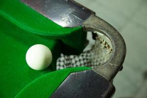 Snooker ball on the edge of the hole photo