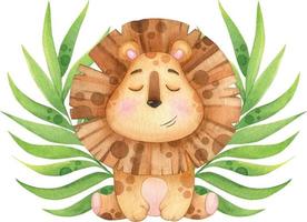 Cute lion with tropical twigs meditating. Watercolor illustration vector