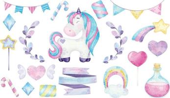 watercolor cute Unicorn illustrations with magical design vector