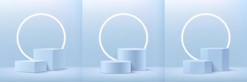 Set of abstract cube round and hexagon display for product on website in modern design. Background rendering with podium and minimal texture wall scene, 3d rendering geometric shape light blue color.