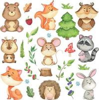 gran conjunto de animales del bosque y elementos de diseño del bosque, colección de acuarela de animales salvajes, ilustración infantil para imprimir vector