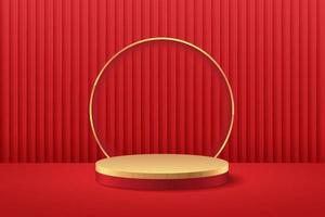 Abstract round display for product on website in modern design. Background rendering with podium and minimal red curtain texture wall scene, 3d rendering geometric shape red and gold color. Oriental concept. vector